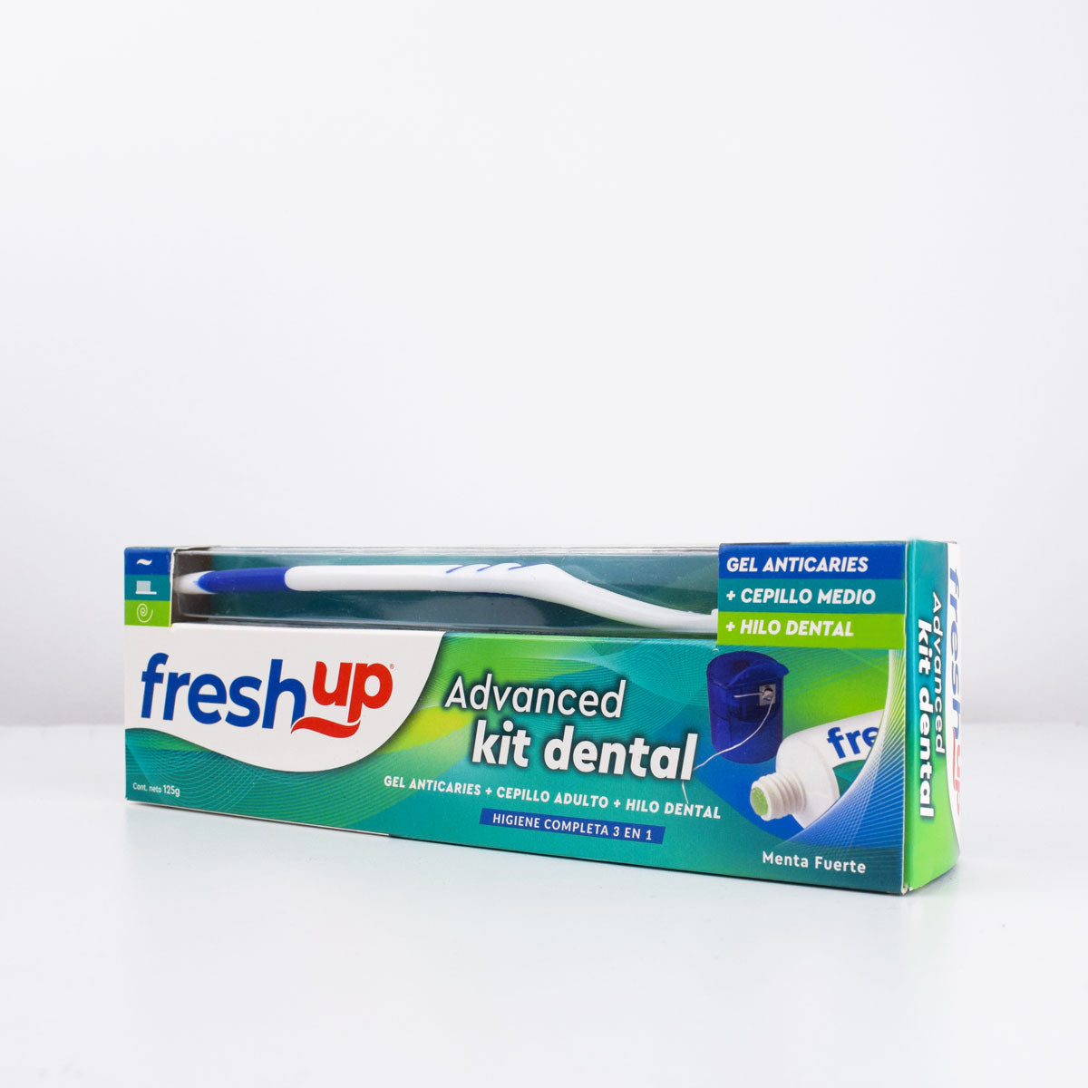Kit dental fresh up que contiene un gel antiquaries, un cepillo medio y un hilo dental